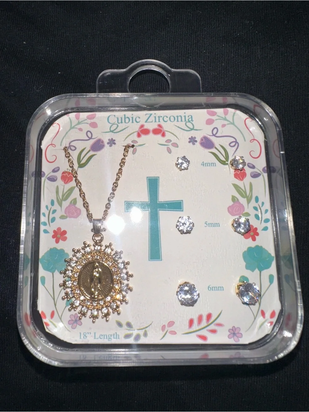Sunburst Praying Hands Pendant Necklace & CZ Stud Set — Gold Tone, 18